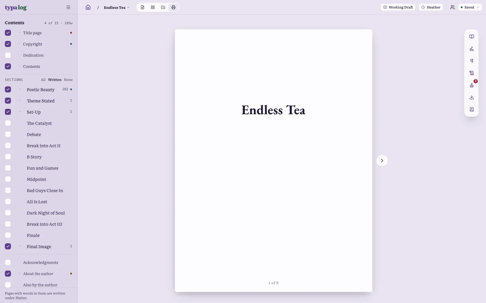 Compile view for Endless Tea: the contents list with chapters checked and the title page — Endless Tea.