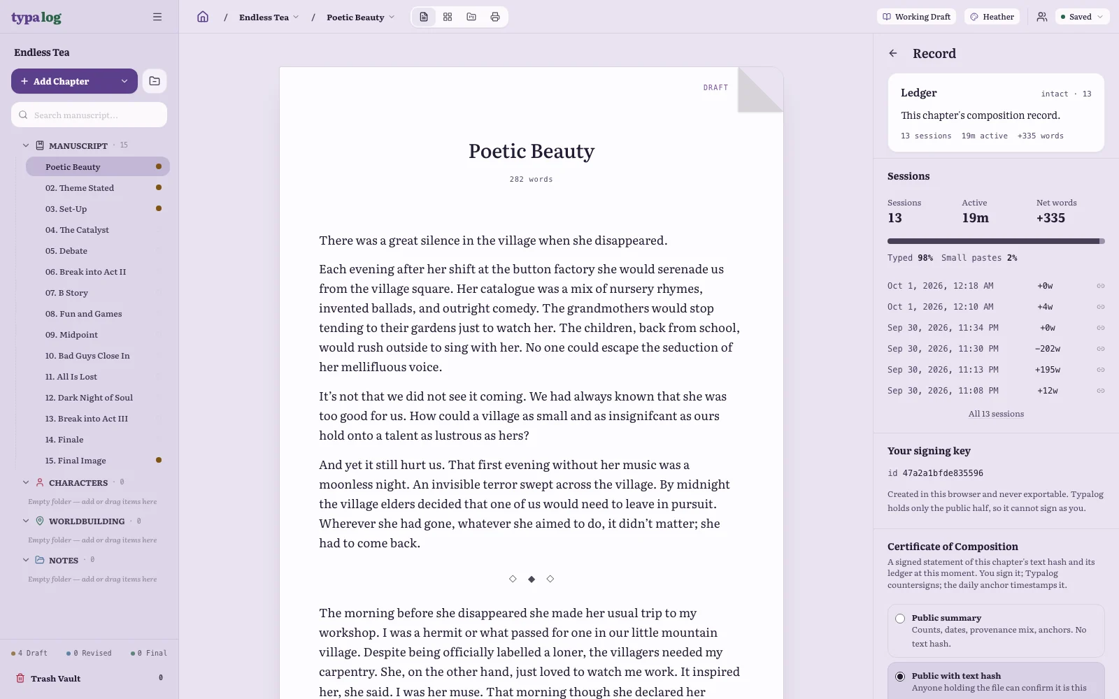Chapter 1 of Endless Tea, Poetic Beauty, with the Record open: this chapter's ledger, its sessions with the words each one added, the active time and net words, the provenance mix, the signing key id, and the Certificate of Composition form.